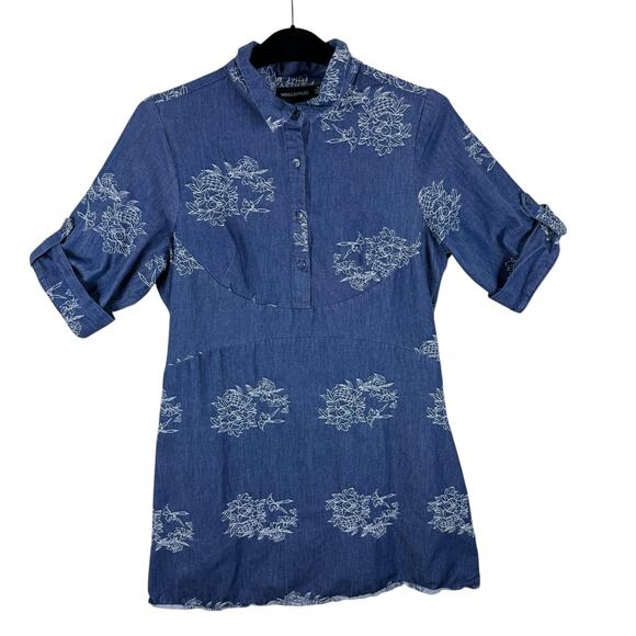 Nina Leonard Floral Embroidered Cuffed Sleeve Half Button Up Cotton Dress Sz 14 - Picture 1 of 8